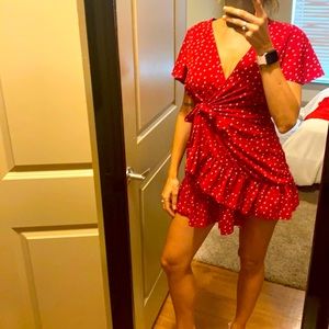 Red dress w white spots Ruffles and lace up S size